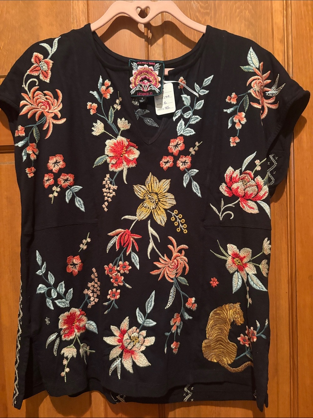Johnny Was Black Short-Sleeve V-Neck Embroidered Floral Tee